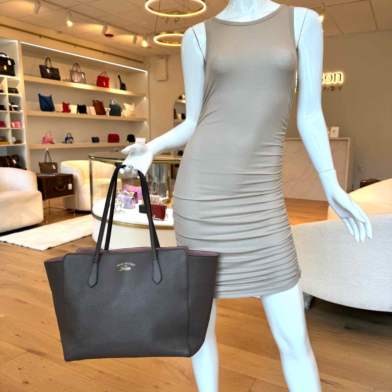 GUCCI Calfskin Dollar Medium Swing Tote Taupe