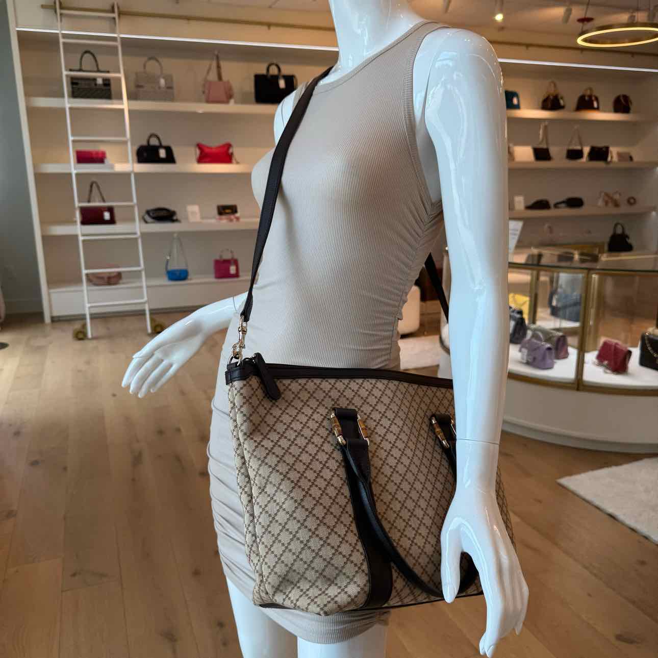 GUCCI Canvas Diamante Bamboo Tote Brown