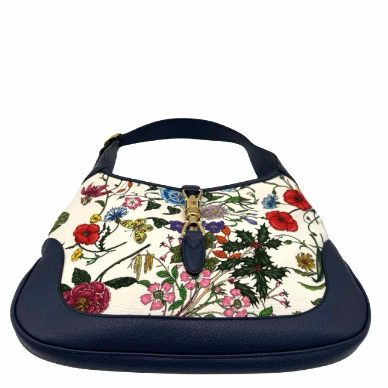GUCCI Canvas Jackie Flora Medium Hobo Bag Navy