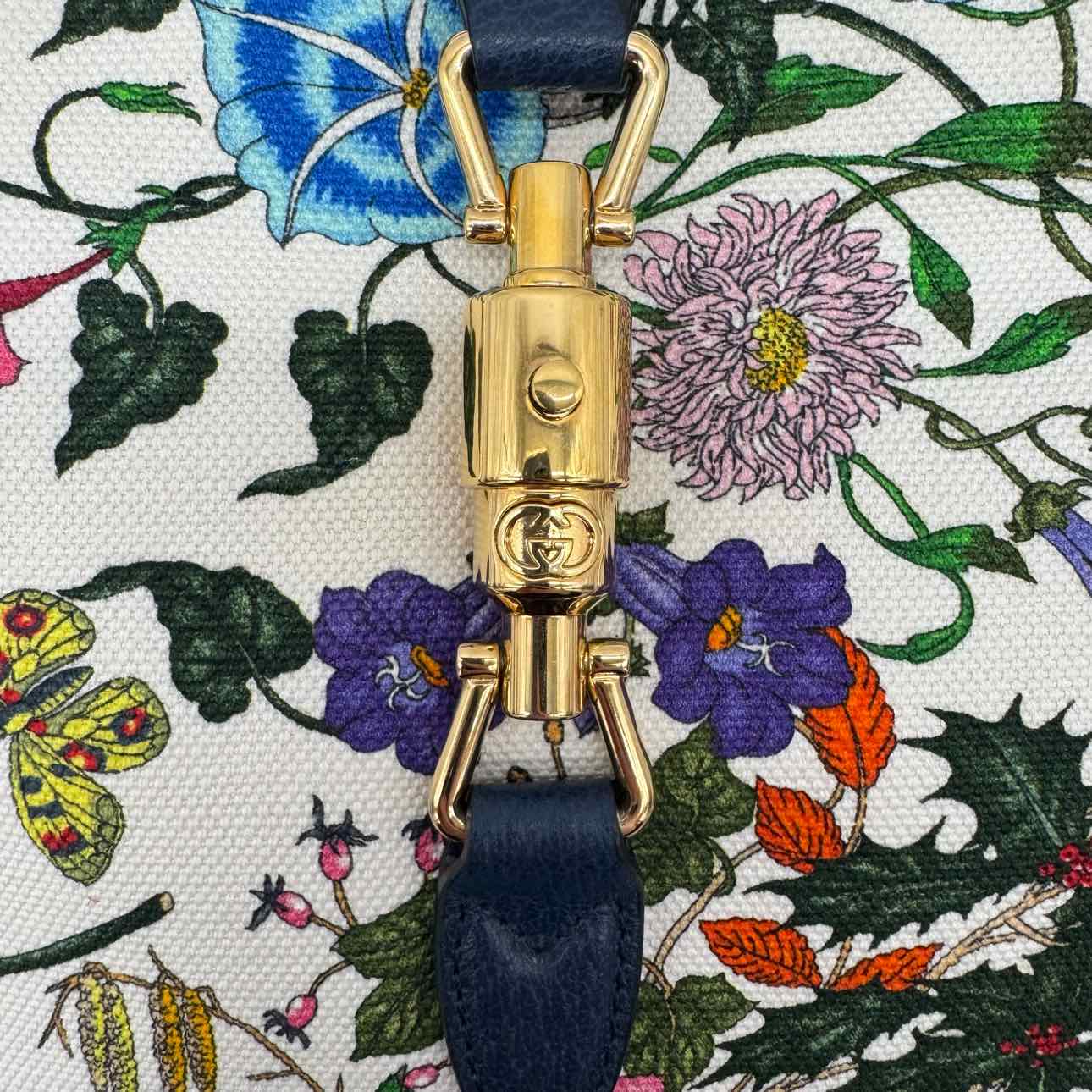 GUCCI Canvas Jackie Flora Medium Hobo Bag Navy