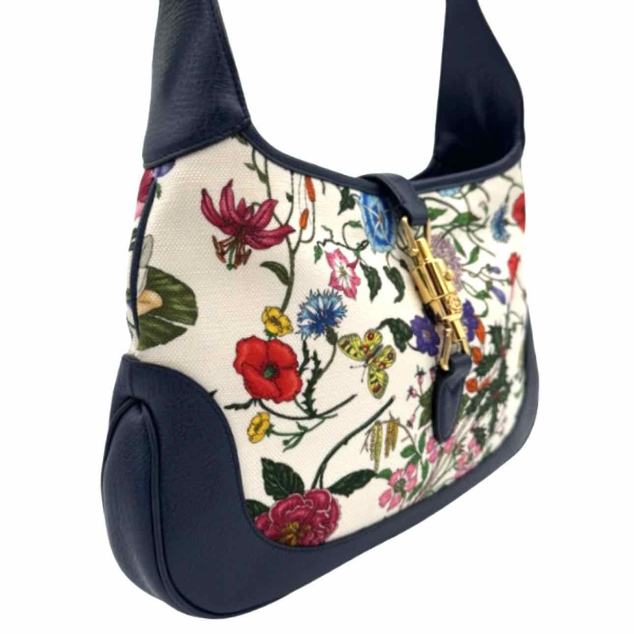 GUCCI Canvas Jackie Flora Medium Hobo Bag Navy