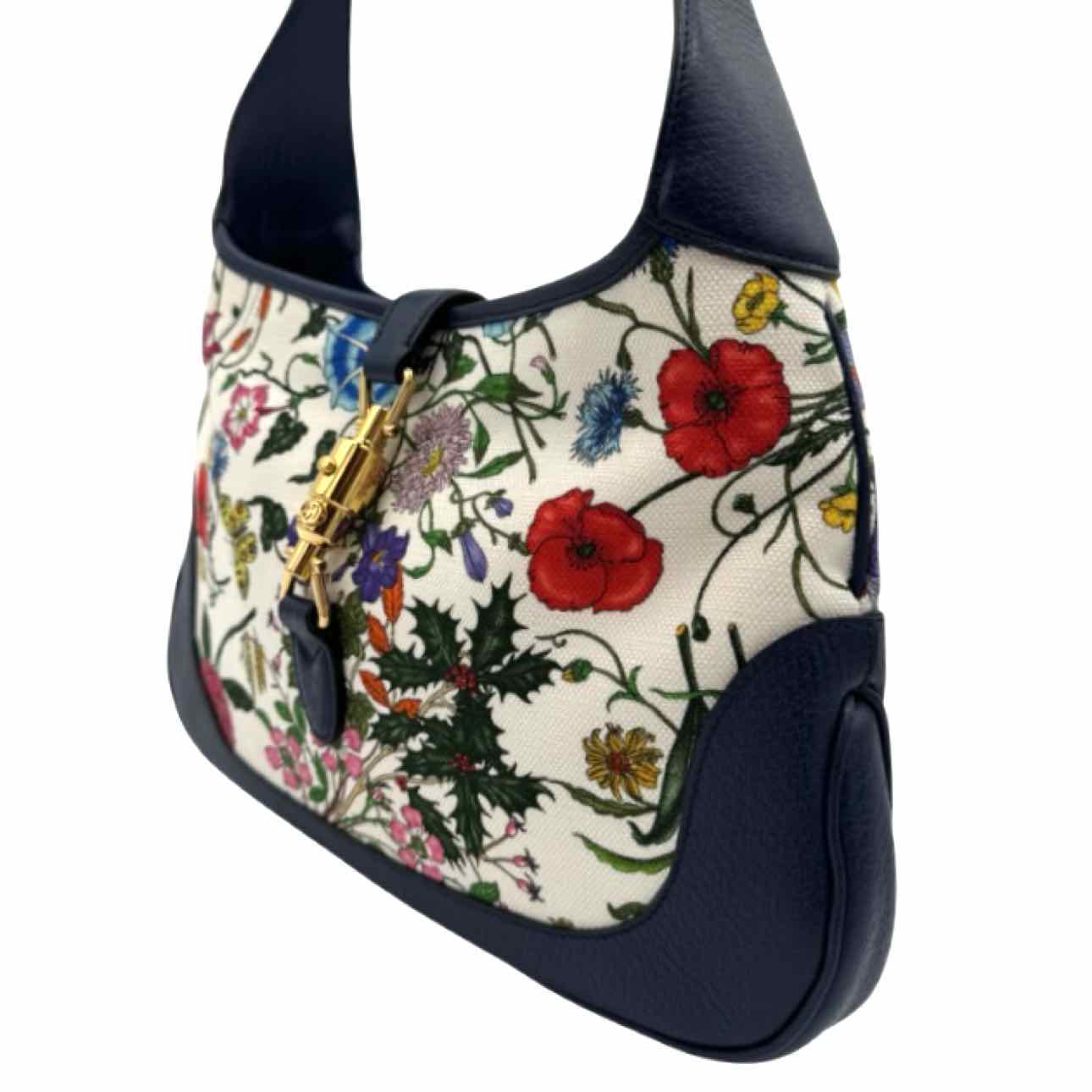 激レア ✨ オールドGUCCI フローラル ショルダーバッグ ネイビー GUCCI Canvas Jackie Flora Medium Hobo Bag - Kent & Hudson