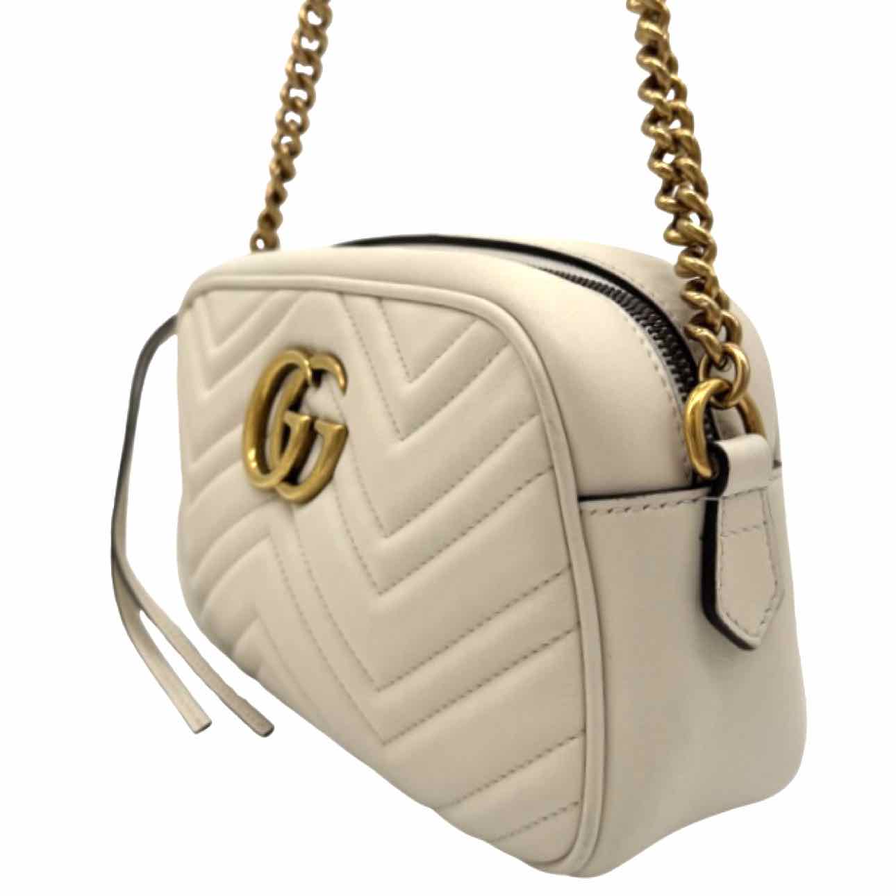 GUCCI GG Matelasse Chevron Leather Small Marmont Camera Bag White