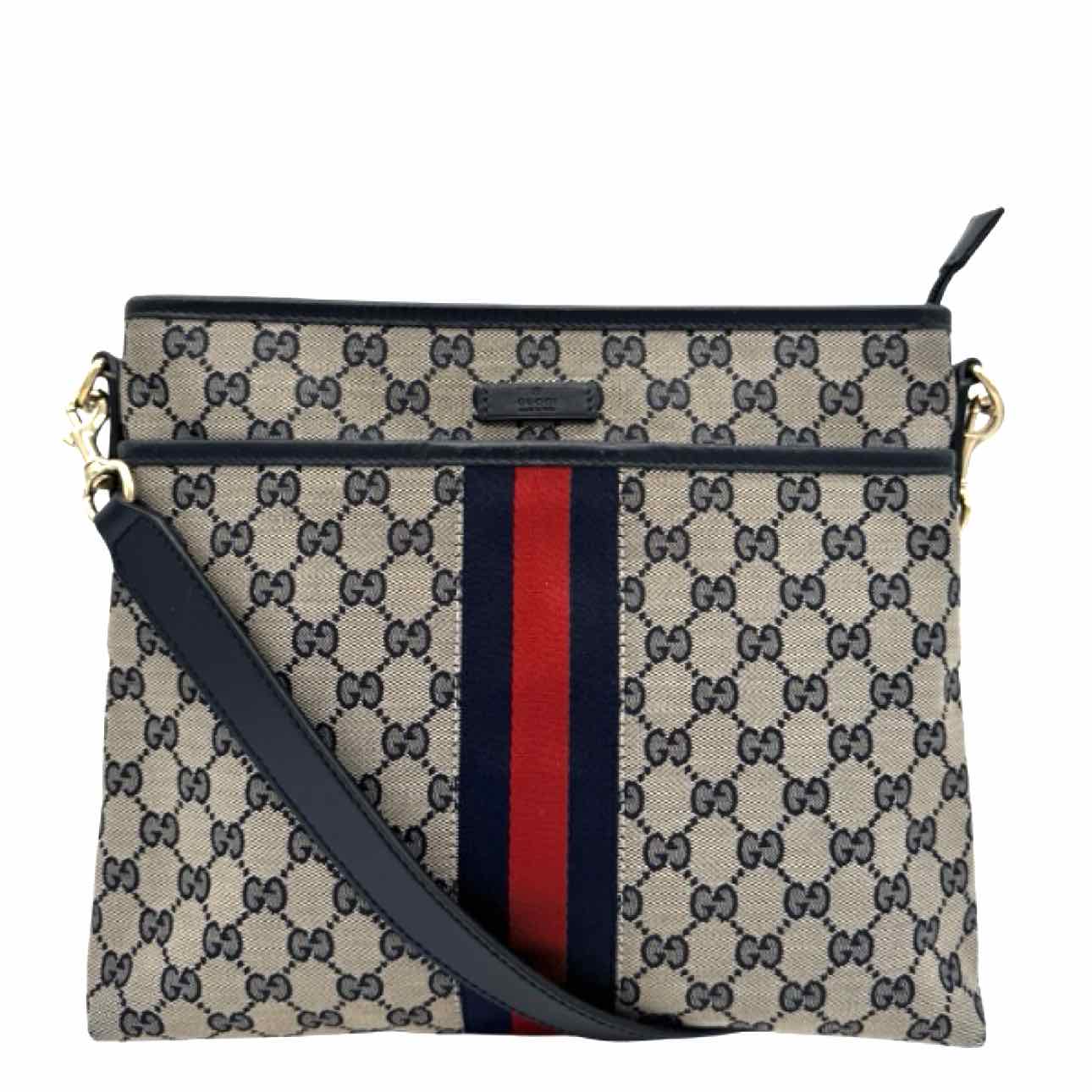 GUCCI GG Supreme Monogram Web Flat Messenger Bag Navy - Kent & Hudson