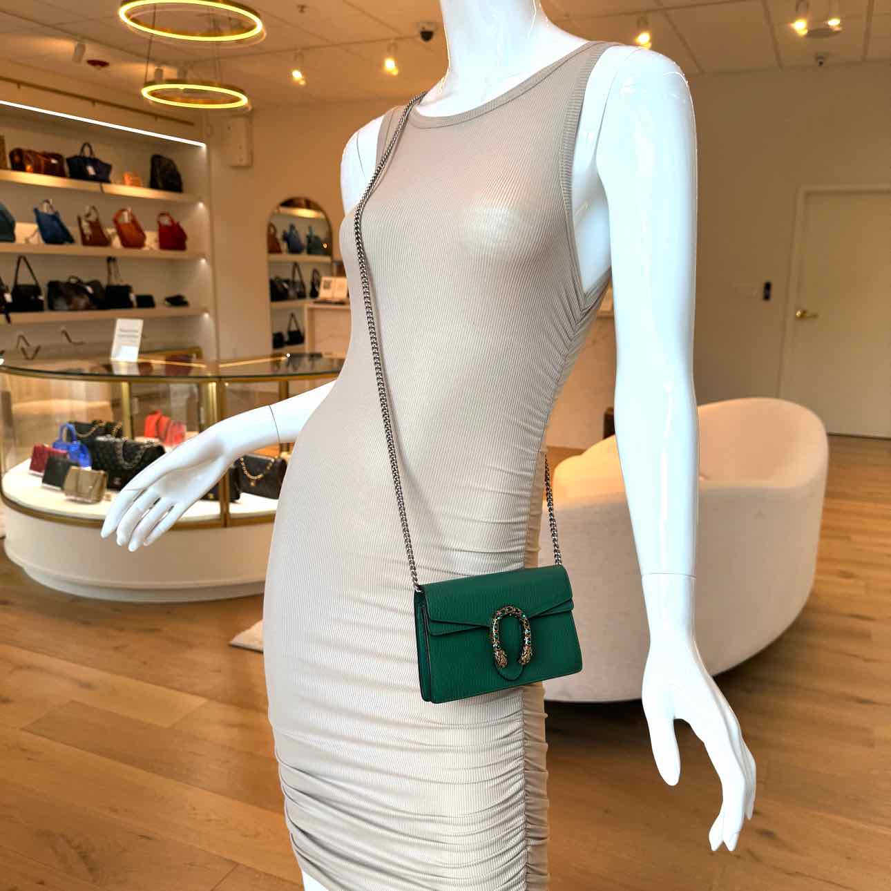 GUCCI Leather Mini Dionysus Chain Crossbody Green