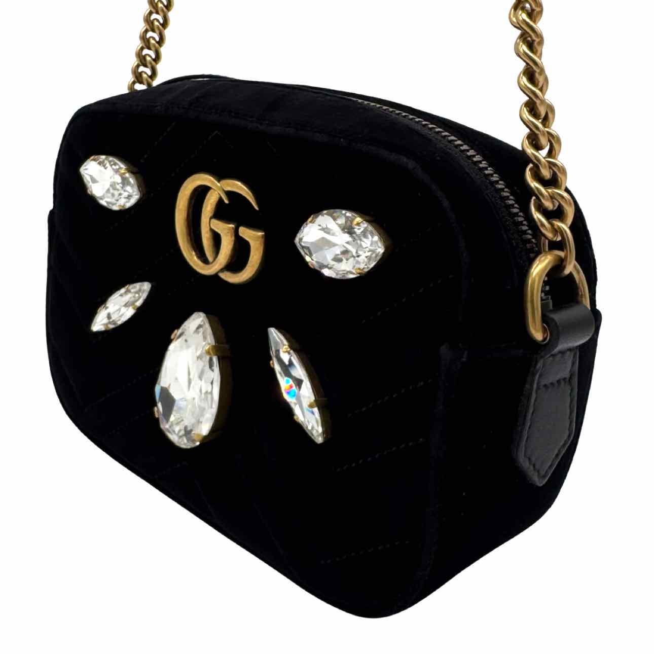 GUCCI  Velvet Matelasse Marquise Crystals Mini GG Marmont Shoulder Bag