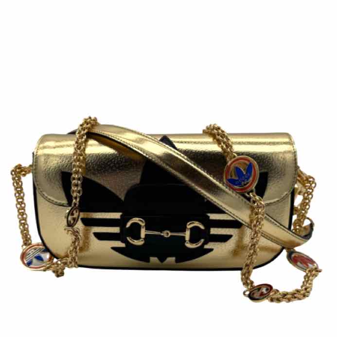 GUCCI X ADIDAS Textured Dollar Calfskin Web Trefoil Horsebit 1955 Shoulder Bag Gold(Pre-Owned)