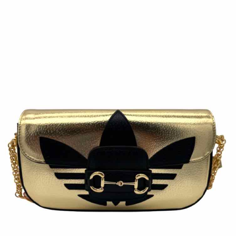 GUCCI X ADIDAS Textured Dollar Calfskin Web Trefoil Horsebit 1955 Shoulder Bag Gold(Pre-Owned)