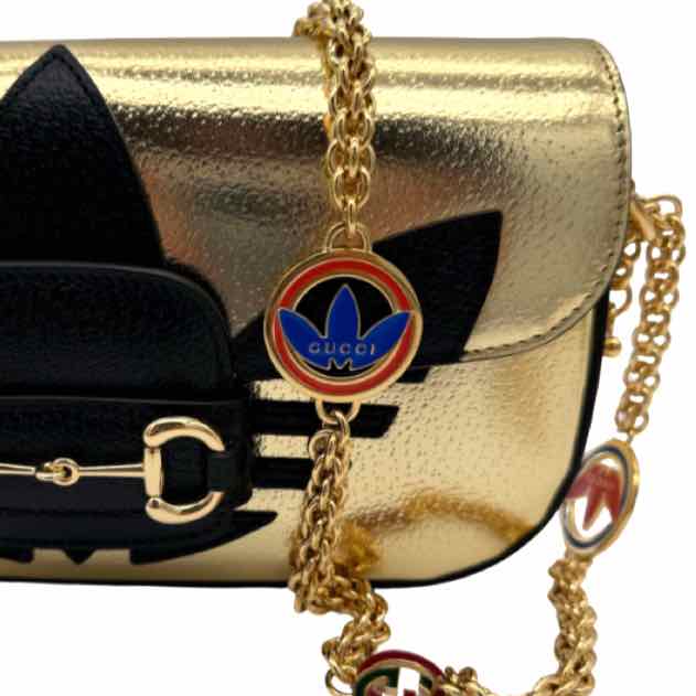 GUCCI X ADIDAS Textured Dollar Calfskin Web Trefoil Horsebit 1955 Shoulder Bag Gold(Pre-Owned)