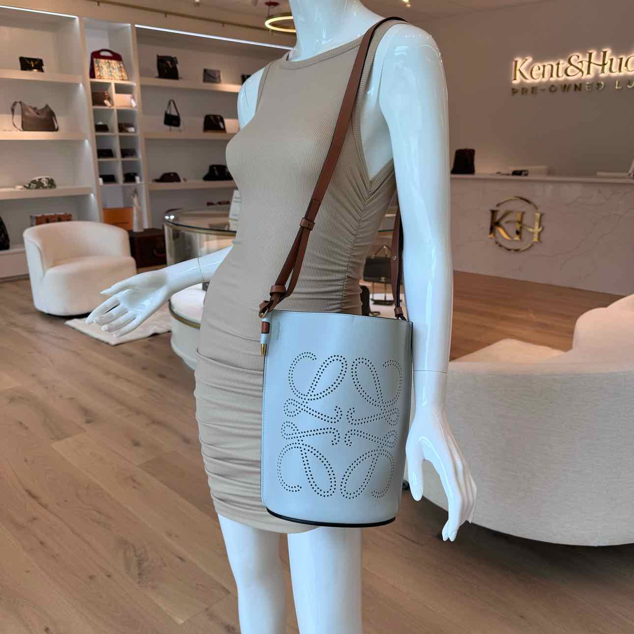 LOEWE Gate Anagram Perforated Bucket Bag Grey Gold HW (Pre-Owned)