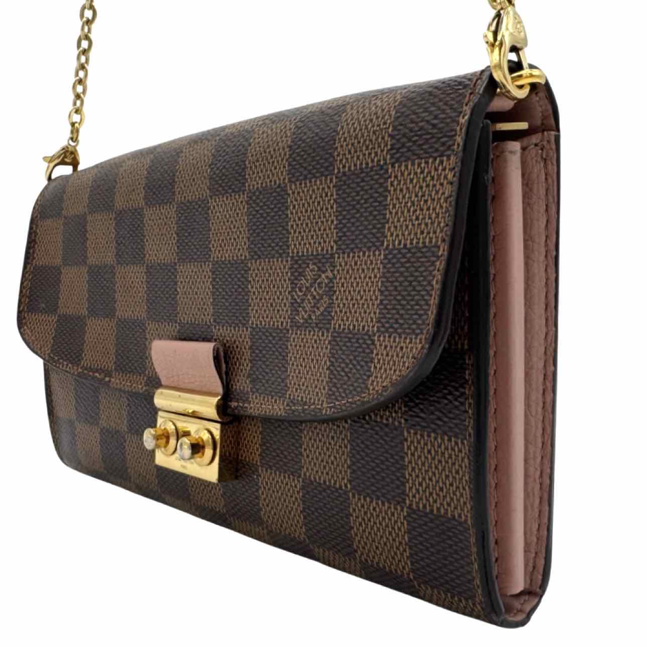 LOUIS VUITTON Damier Ebene Croisette Chain Wallet Rose Ballerine