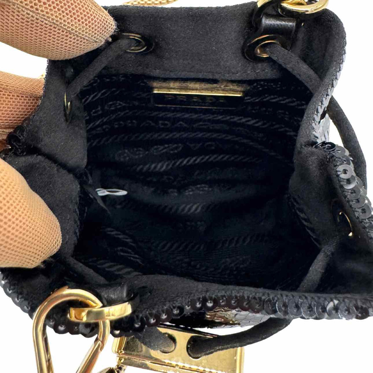PRADA Mini Sequin Drawstring Bucket Bag Black