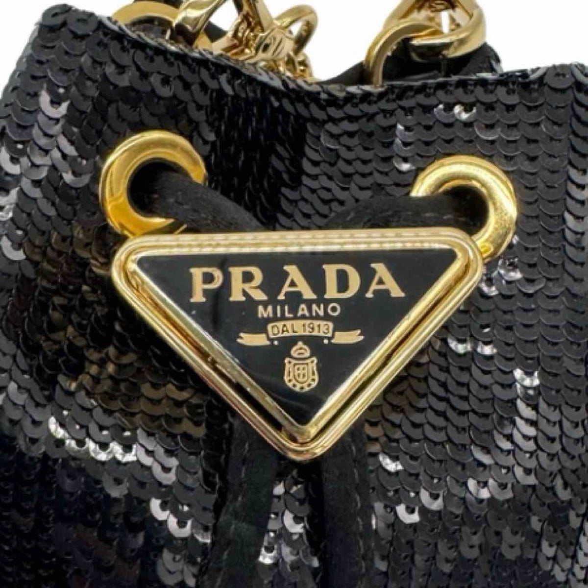PRADA Mini Sequin Drawstring Bucket Bag Black
