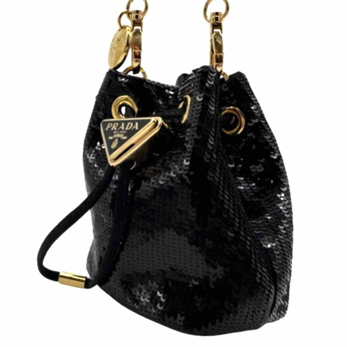PRADA Mini Sequin Drawstring Bucket Bag Black