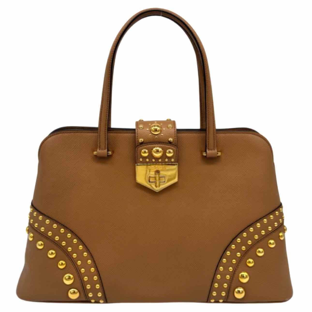PRADA Studded Saffiano Cuir Promenade Satchel Caramel