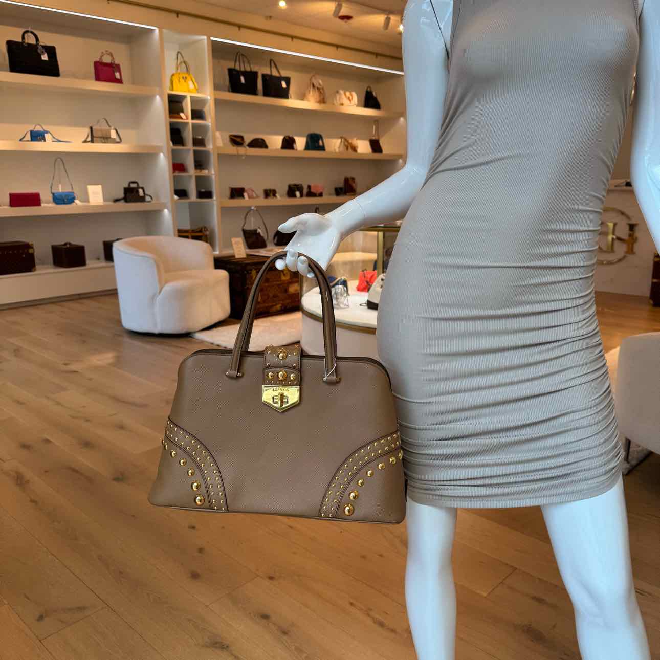 PRADA Studded Saffiano Cuir Promenade Satchel Caramel