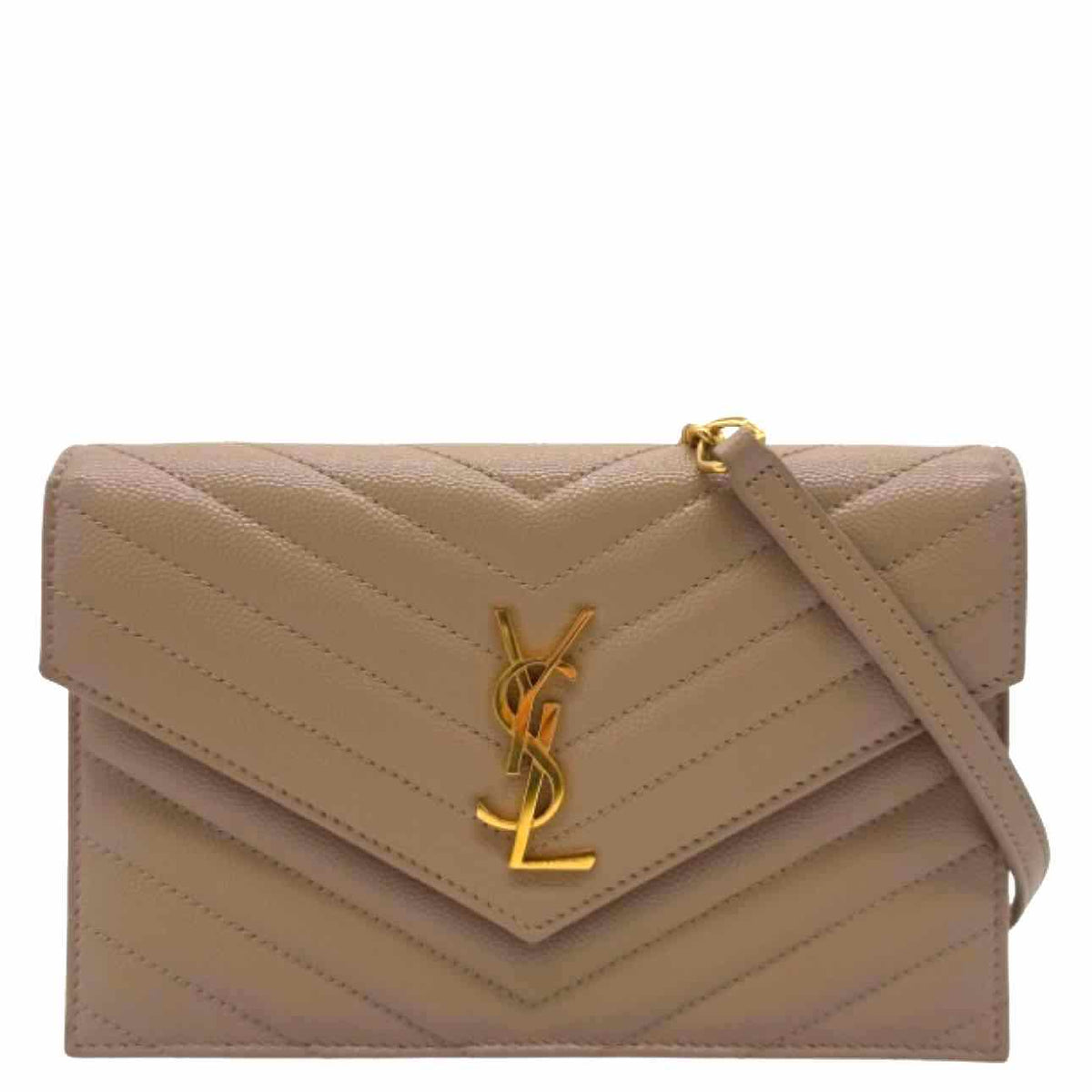 SAINT LAURENT Grain De Poudre Small Cassandre Envelope Chain Wallet Beige