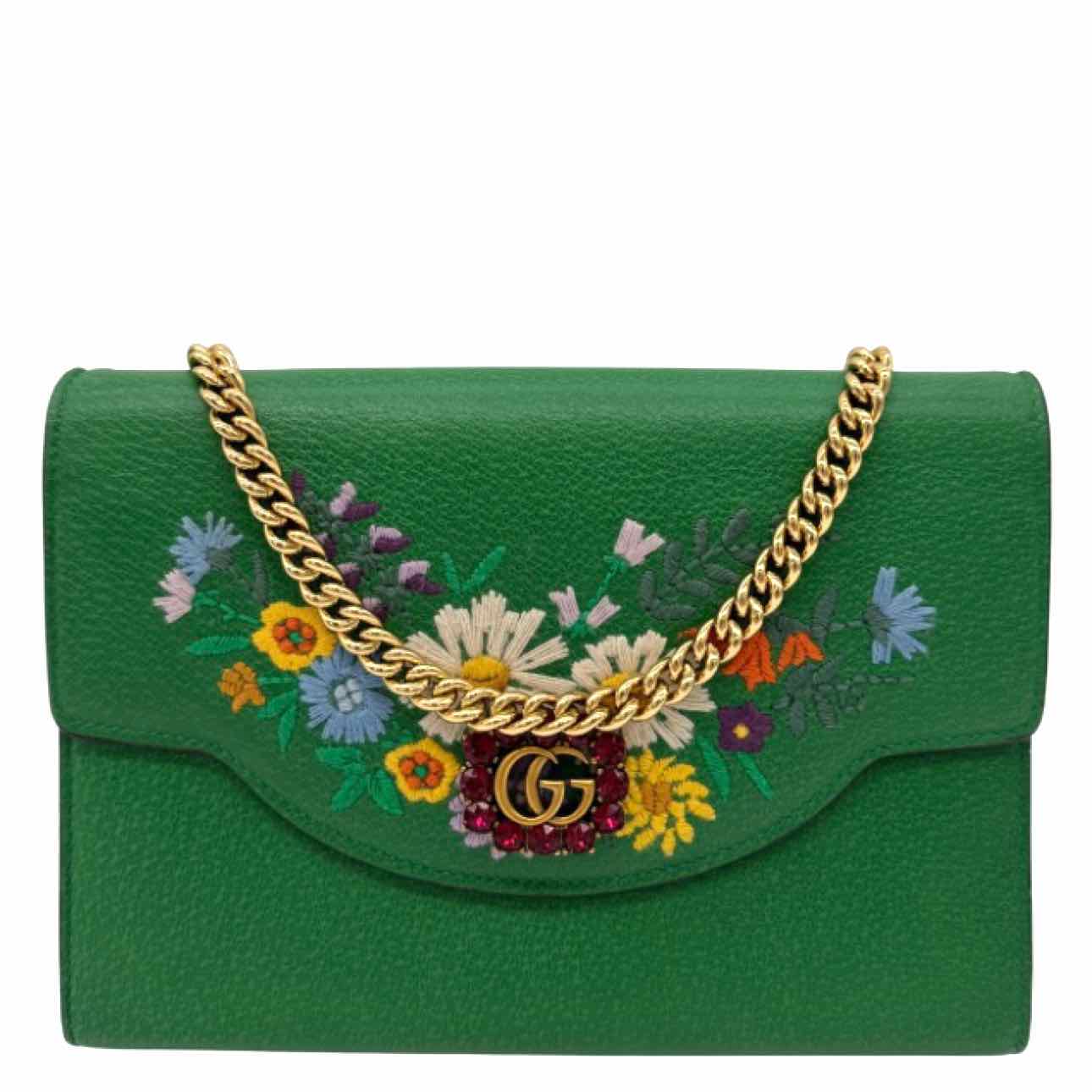 GUCCI Leather Linea Ricami Floral Embroidered Chain Bag Green