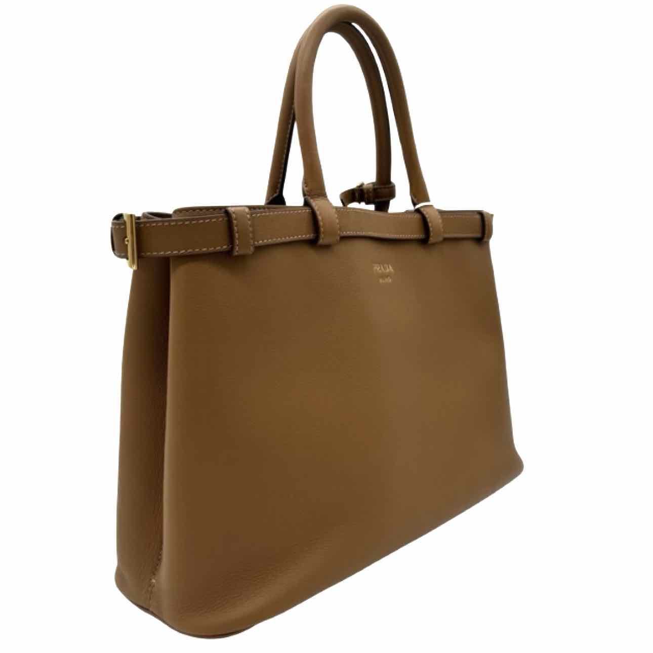PRADA Calf Leather Medium Buckle Tote Caramel