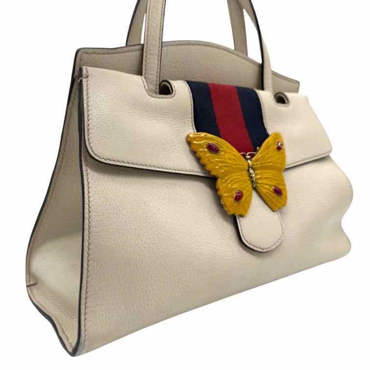 GUCCI Grained Calfskin Web Stripe Butterfly Totem Handbag Beige (Pre-Owned)