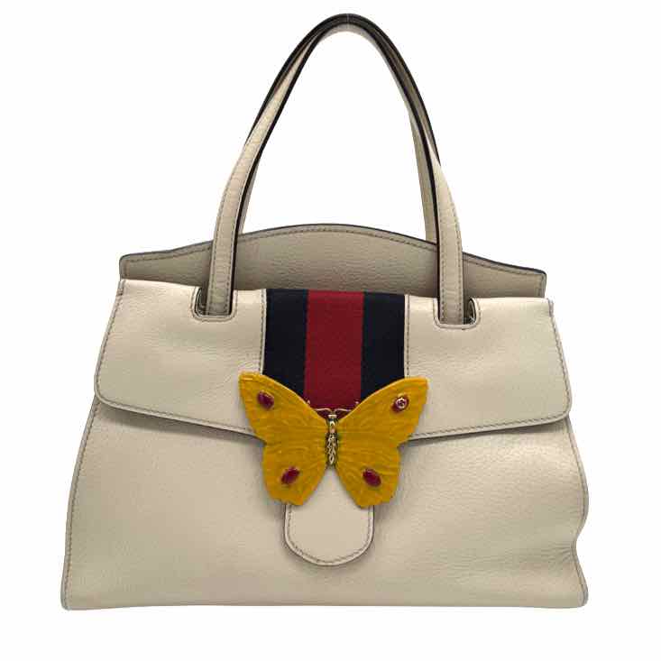 GUCCI Grained Calfskin Web Stripe Butterfly Totem Handbag Beige (Pre-Owned)
