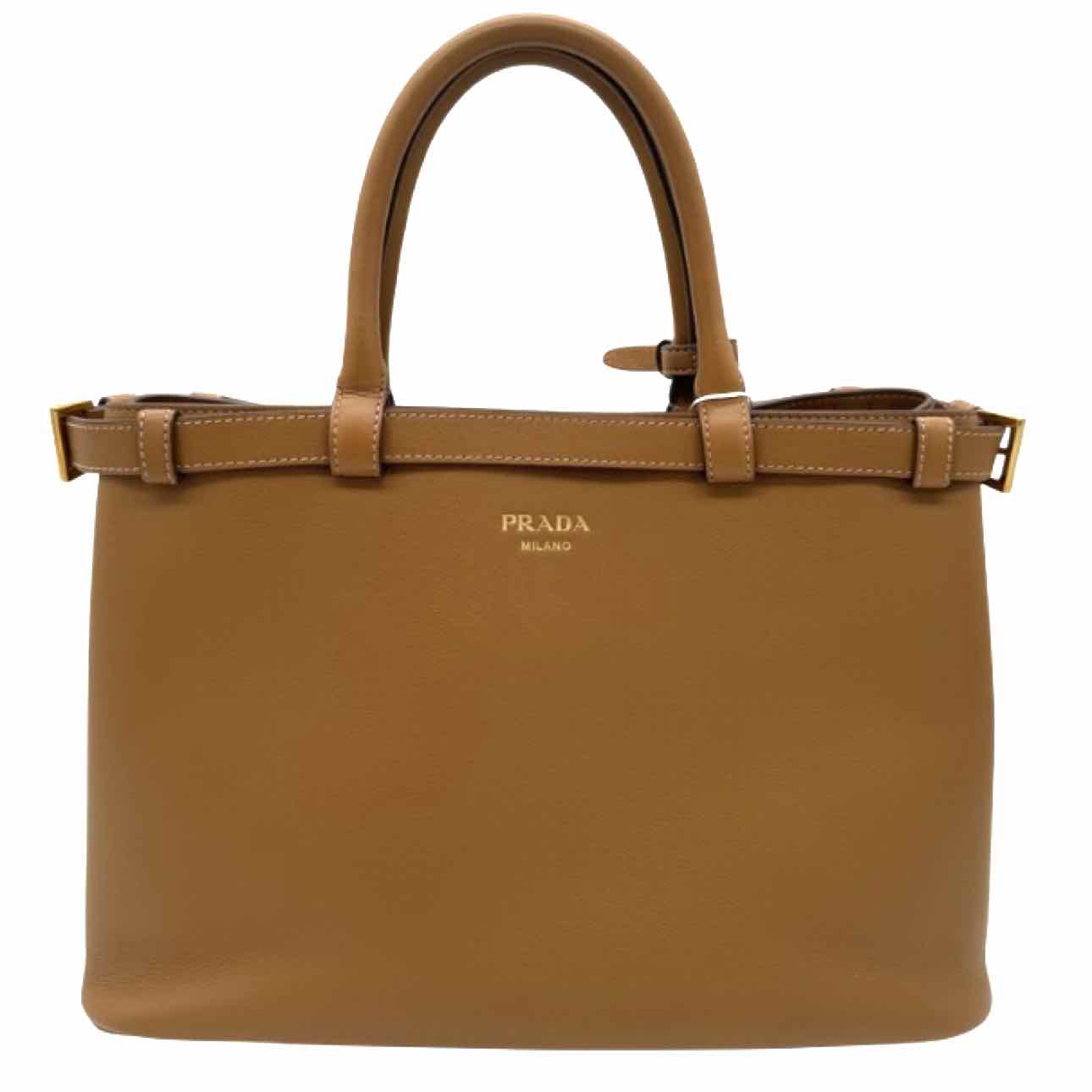 PRADA Calf Leather Medium Buckle Tote Caramel