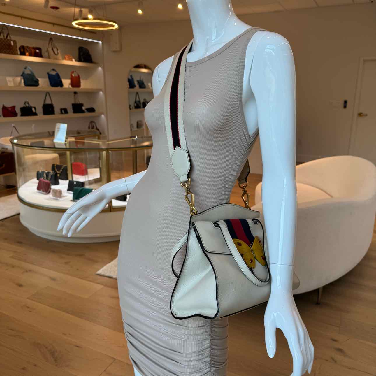 GUCCI Grained Calfskin Web Stripe Butterfly Totem Handbag Beige (Pre-Owned)