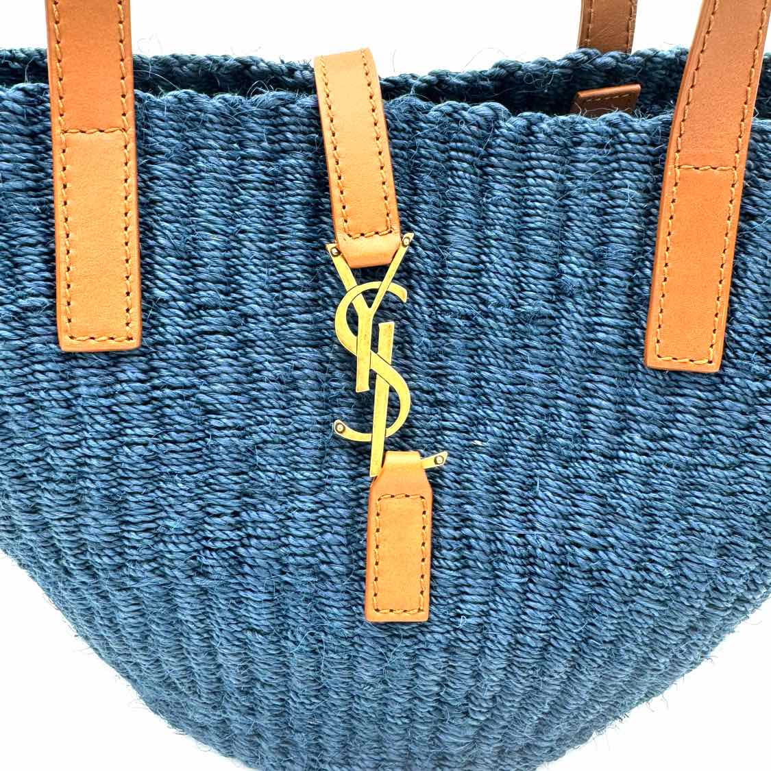 SAINT LAURENT Small Panier Raffia Bag Blue GHW (Pre-Owned)