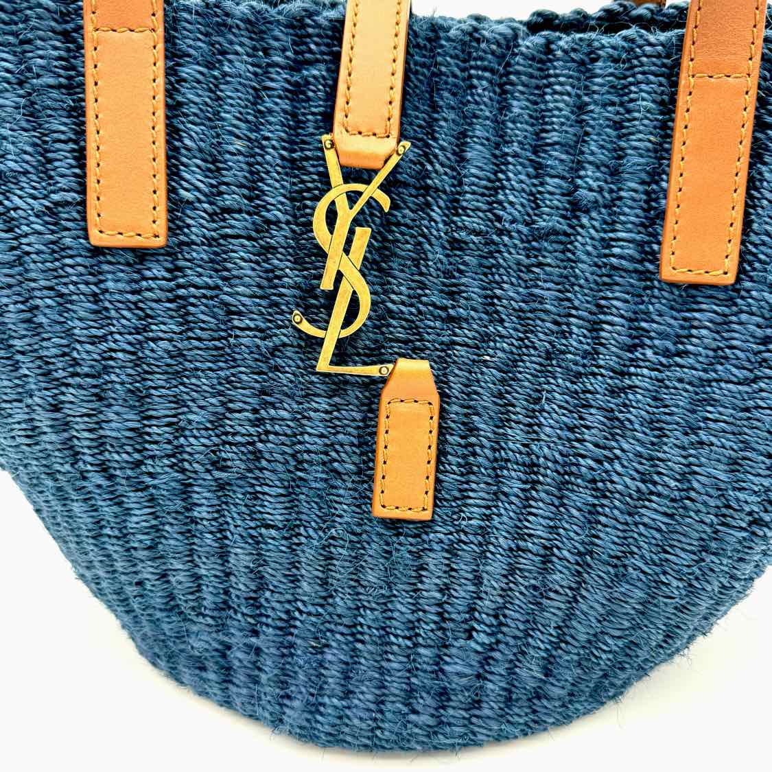 SAINT LAURENT Small Panier Raffia Bag Blue GHW (Pre-Owned)